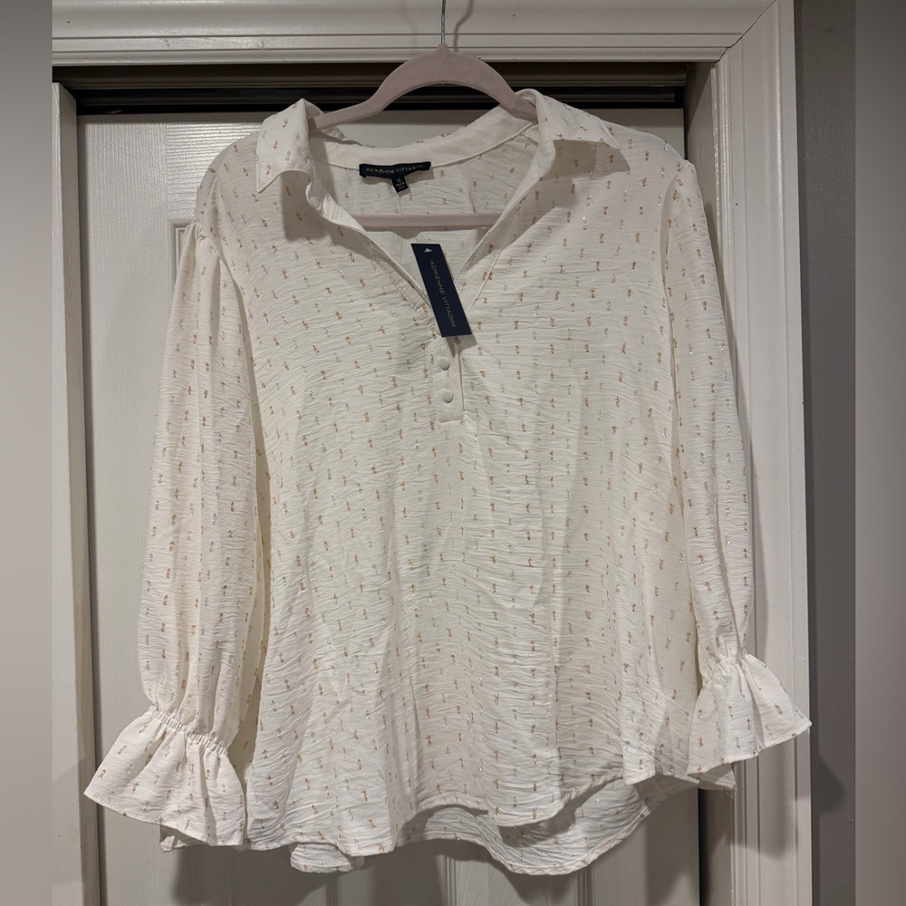 Adrienne vitadini Women’s blouse- new with tags. White with gold pattern
